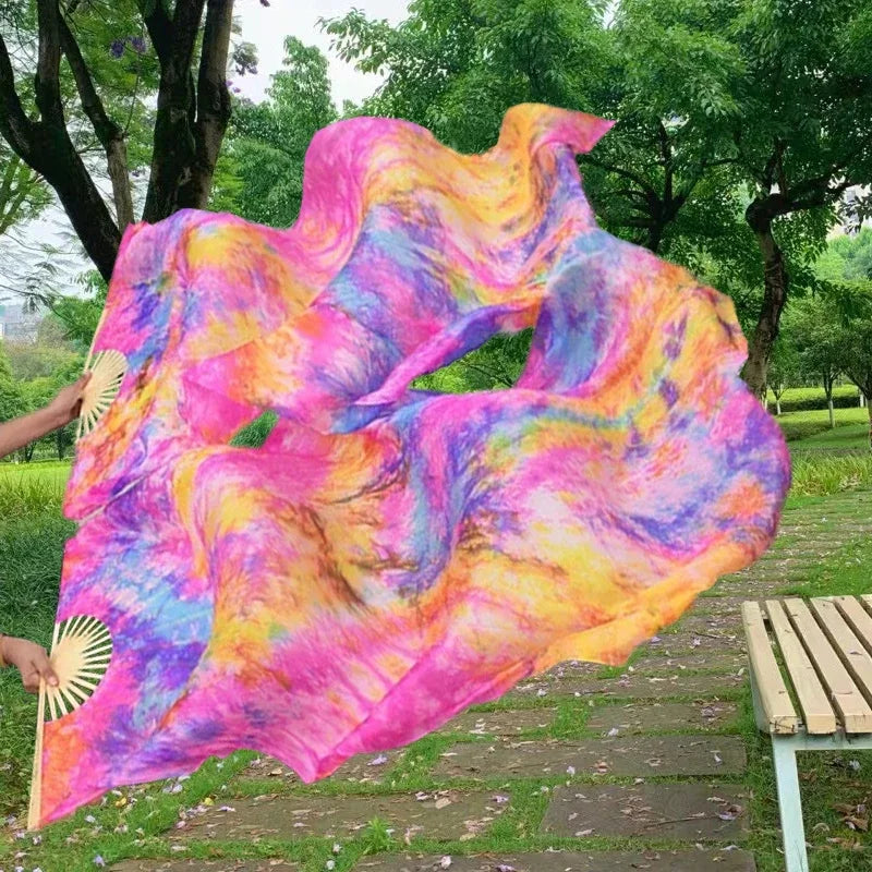1 Pair Professional Belly Dance Silk Veil Light Weight 100% Silk Fans Hand Dyed Colorful Dancer Performance Props Long Silk Fans