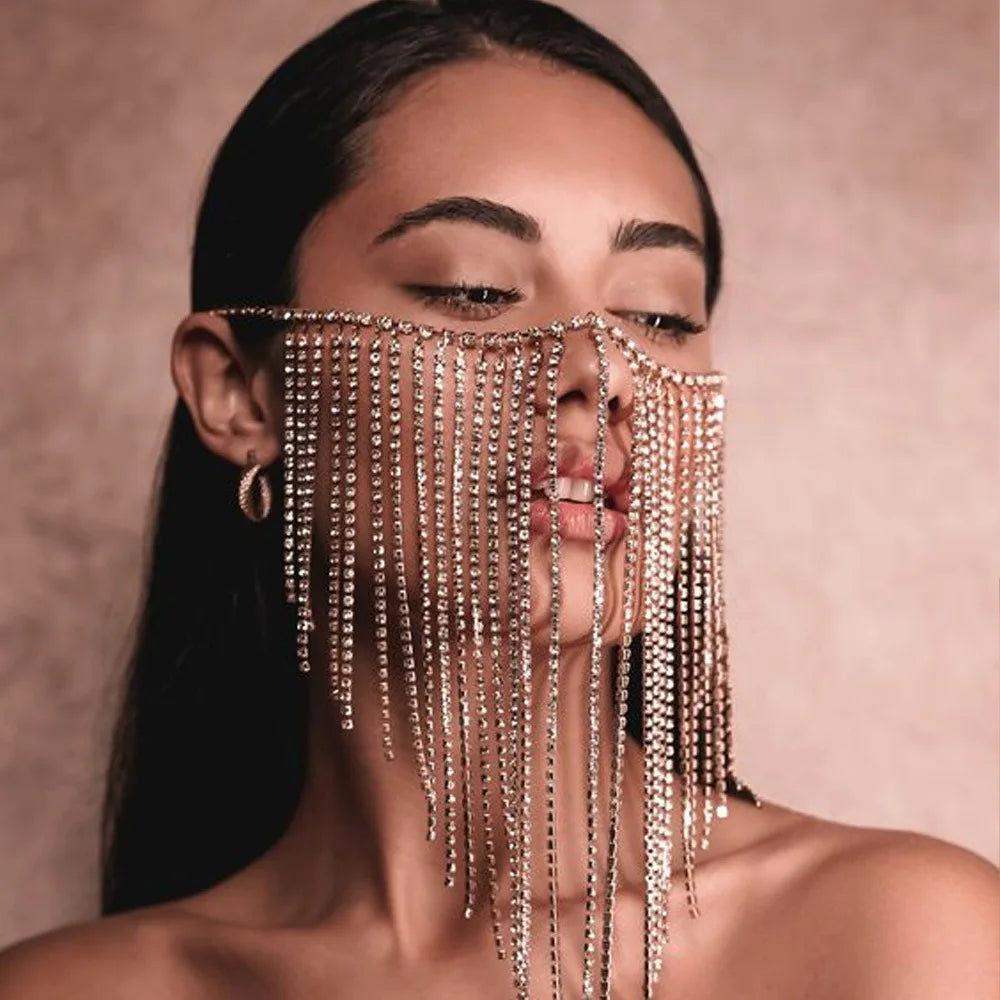 2024 Trend New Ladies Fashion Rhinestone Mask Fringe Face Accessories Dance Party Jewelry Accessories