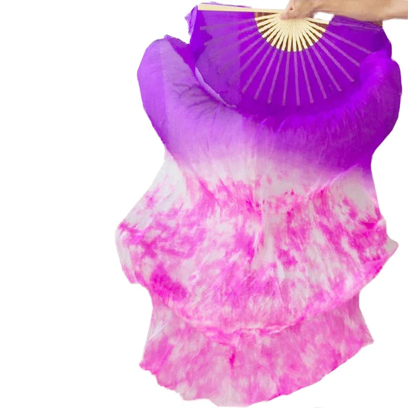 1 Pair Professional Belly Dance Silk Veil Light Weight 100% Silk Fans Hand Dyed Colorful Dancer Performance Props Long Silk Fans