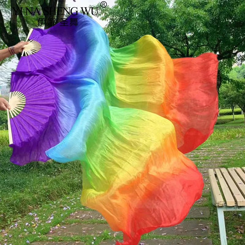 1 Pair Professional Belly Dance Silk Veil Light Weight 100% Silk Fans Hand Dyed Colorful Dancer Performance Props Long Silk Fans