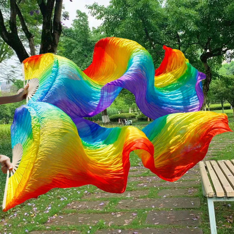 1 Pair Professional Belly Dance Silk Veil Light Weight 100% Silk Fans Hand Dyed Colorful Dancer Performance Props Long Silk Fans