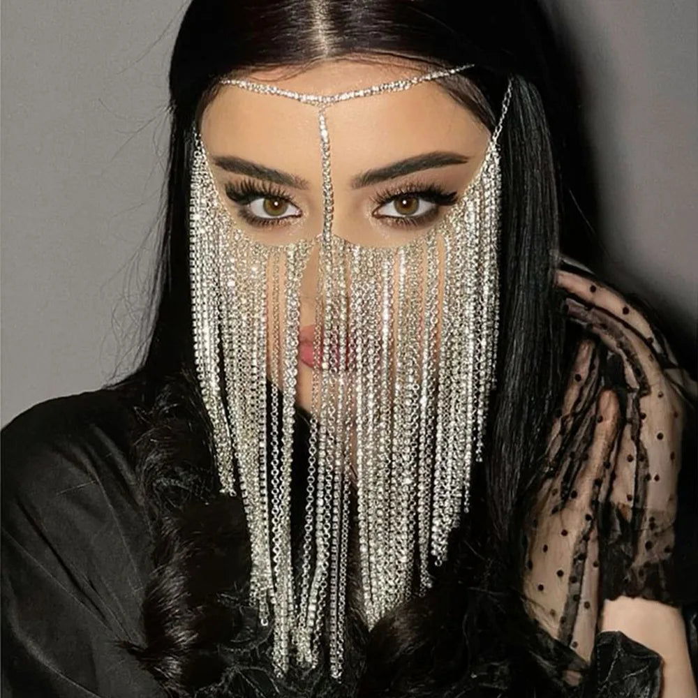 2024 Trend New Ladies Fashion Rhinestone Mask Fringe Face Accessories Dance Party Jewelry Accessories