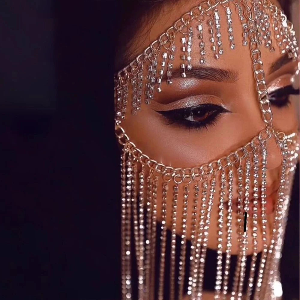 2024 Face Tassel Mask for Women Chain Cosplay Full Rhinestone Carnival Clothing Women Custumes Fashion Rave Masks Party Jewelry