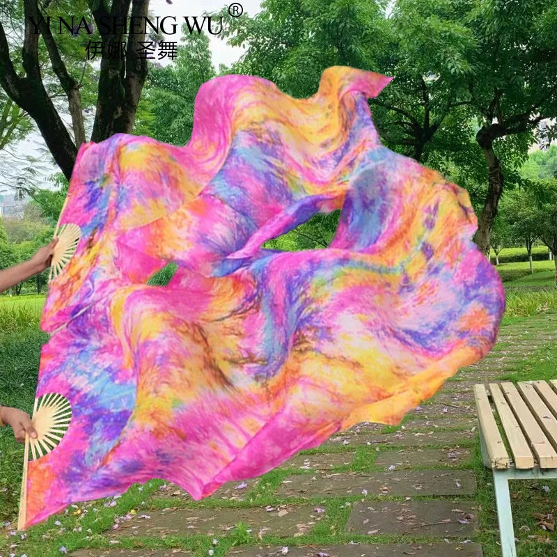 1 Pair Professional Belly Dance Silk Veil Light Weight 100% Silk Fans Hand Dyed Colorful Dancer Performance Props Long Silk Fans
