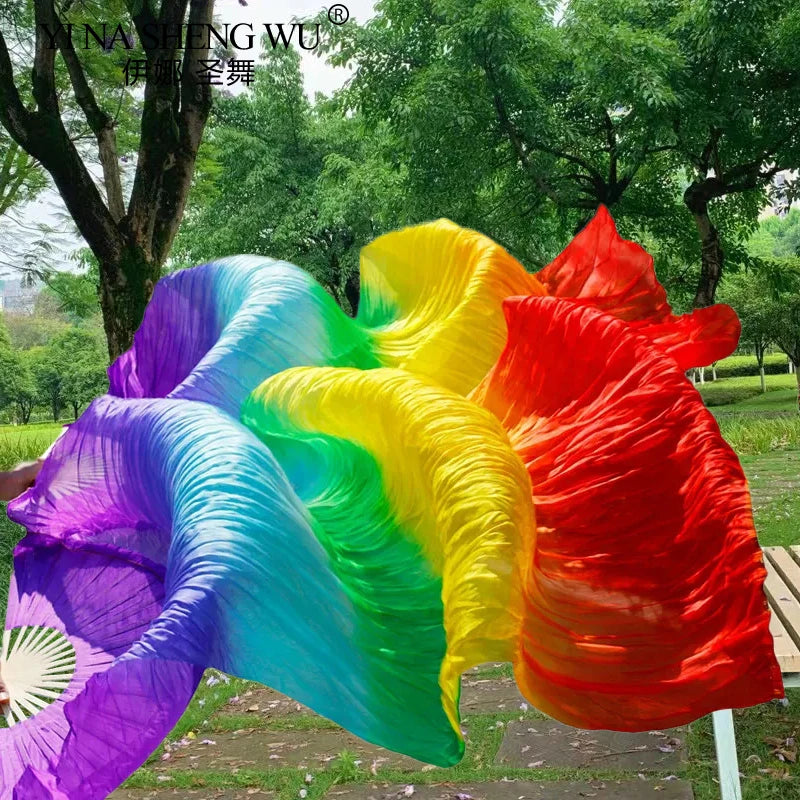 1 Pair Professional Belly Dance Silk Veil Light Weight 100% Silk Fans Hand Dyed Colorful Dancer Performance Props Long Silk Fans