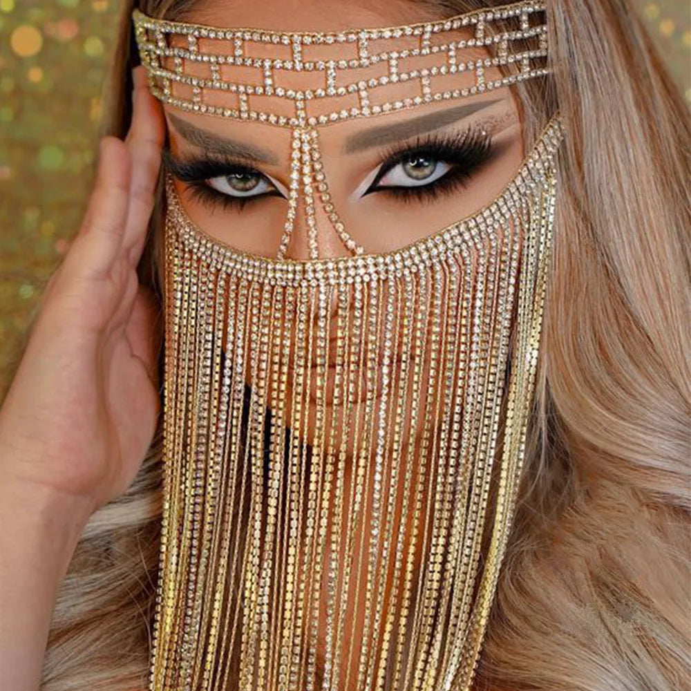 2024 Trend New Ladies Fashion Rhinestone Mask Fringe Face Accessories Dance Party Jewelry Accessories