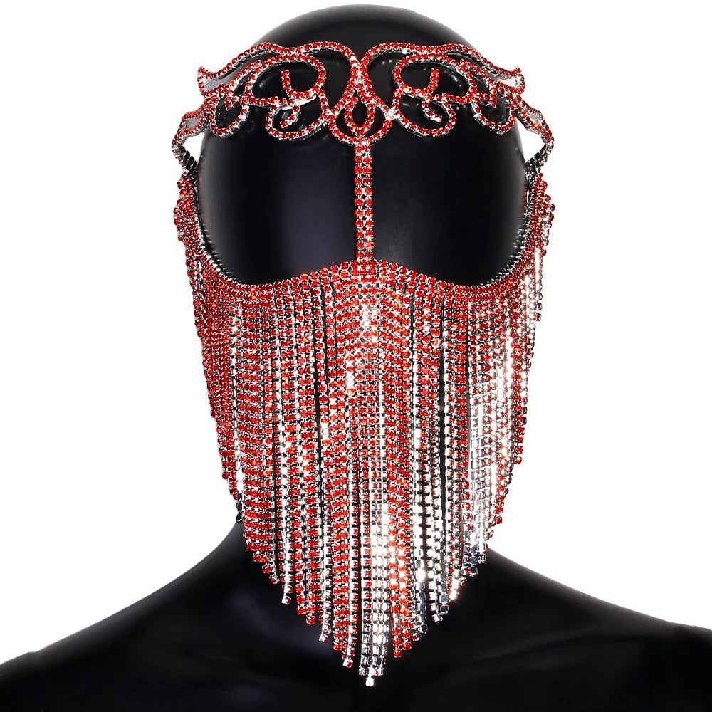 Red Crystal Boho Tassel Mask Chain Masquerade Face Accessories 2024 Exotic Fringe Bridal Rhinestone Mask Veil Jewelry for Women