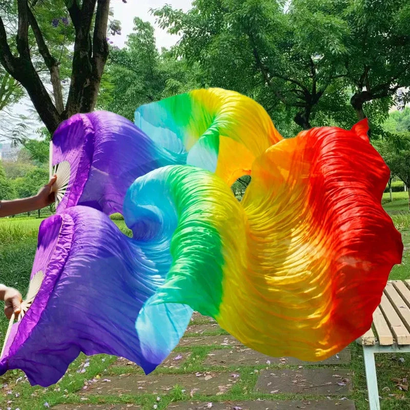 1 Pair Professional Belly Dance Silk Veil Light Weight 100% Silk Fans Hand Dyed Colorful Dancer Performance Props Long Silk Fans