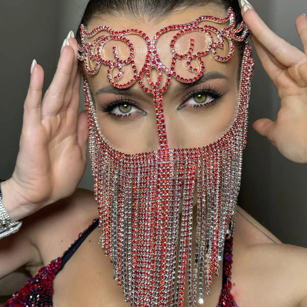 Red Crystal Boho Tassel Mask Chain Masquerade Face Accessories 2024 Exotic Fringe Bridal Rhinestone Mask Veil Jewelry for Women