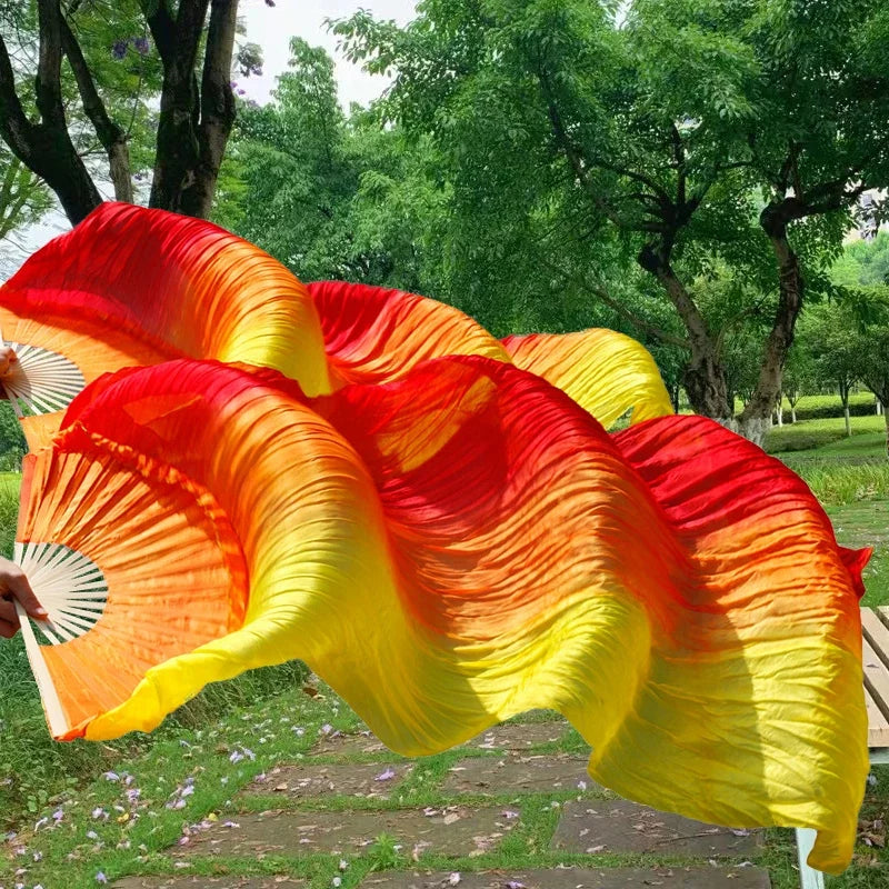 1 Pair Professional Belly Dance Silk Veil Light Weight 100% Silk Fans Hand Dyed Colorful Dancer Performance Props Long Silk Fans