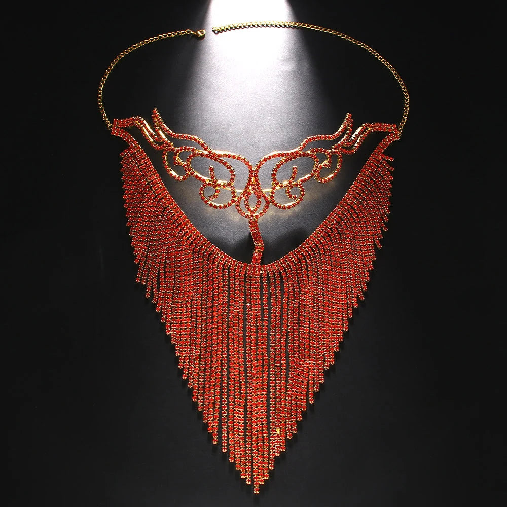 Red Crystal Boho Tassel Mask Chain Masquerade Face Accessories 2024 Exotic Fringe Bridal Rhinestone Mask Veil Jewelry for Women