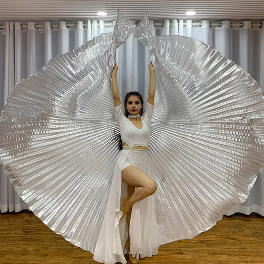 1 Set Performance Cape with Telescopic Rod 360 Degree Belly Dance Wings Egyptian Costume Pleated Halloween Performance Props