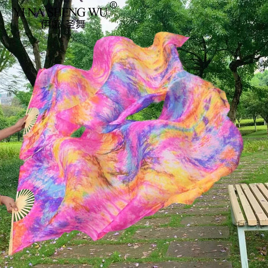 1 Pair Professional Belly Dance Silk Veil Light Weight 100% Silk Fans Hand Dyed Colorful Dancer Performance Props Long Silk Fans