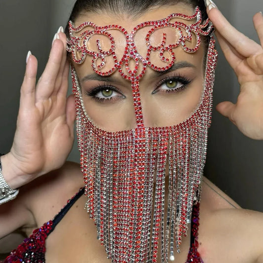 Red Crystal Boho Tassel Mask Chain Masquerade Face Accessories 2024 Exotic Fringe Bridal Rhinestone Mask Veil Jewelry for Women